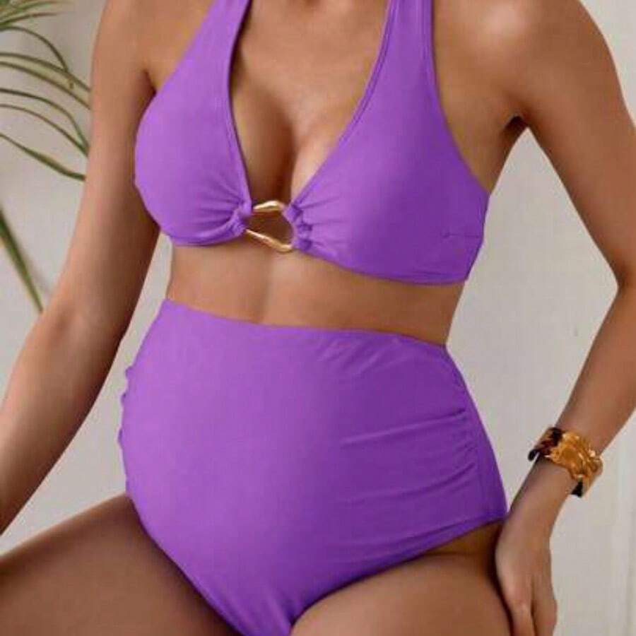 Swim Vcay Conjunto de bikini de unicolor con cuello halter para mujeres embarazadas - Morado - Ver 1