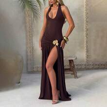 Women's Long Dress Autumn New Fashion Sexy Backless Decorated Pendant Monochromatic Neckline Hip Set Elegant, Comfortable And Casual Party Dress - 咖啡 - 查看 4