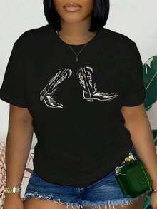 1 Piece Of Women's Retro Western T-Shirt With Cowboy Boots And Hat Design, Vibrant Print, Casual Short Sleeves, Ideal For Travel, Fashionable Festival Top, Comfortable Short-Sleeved Crew Neck T-Shirt For Casual Wear And Themed Events Or As A Gift, With Floral, Plant, Leaf And Casual Bow Design, 180g, 100% Cotton, All Patterns Are Printed. Unisex. - 黑色 - 查看 11