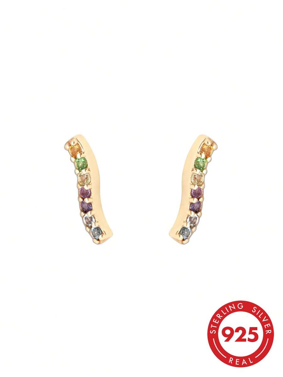 925纯银彩虹锆石小巧穿孔耳环，适合女孩日常佩戴 - Zircon Piercing - 查看 1