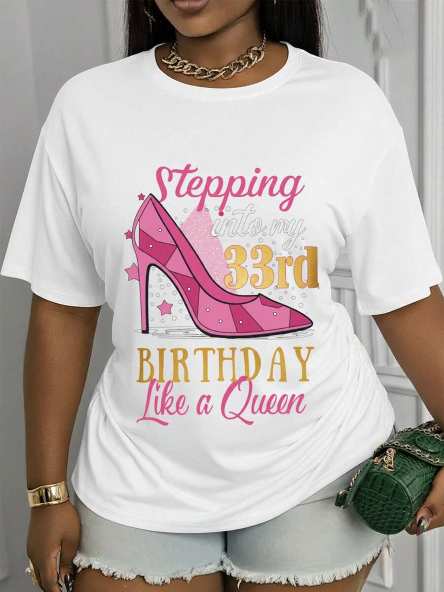 Camiseta de manga larga casual para mujeres, celebrando el cumpleaños 33rd, con un estampado como la reina, cuello redondo, hecho de tela elástica, elegante, cómodo y versátil para todas las estaciones, perfecto para el uso diario