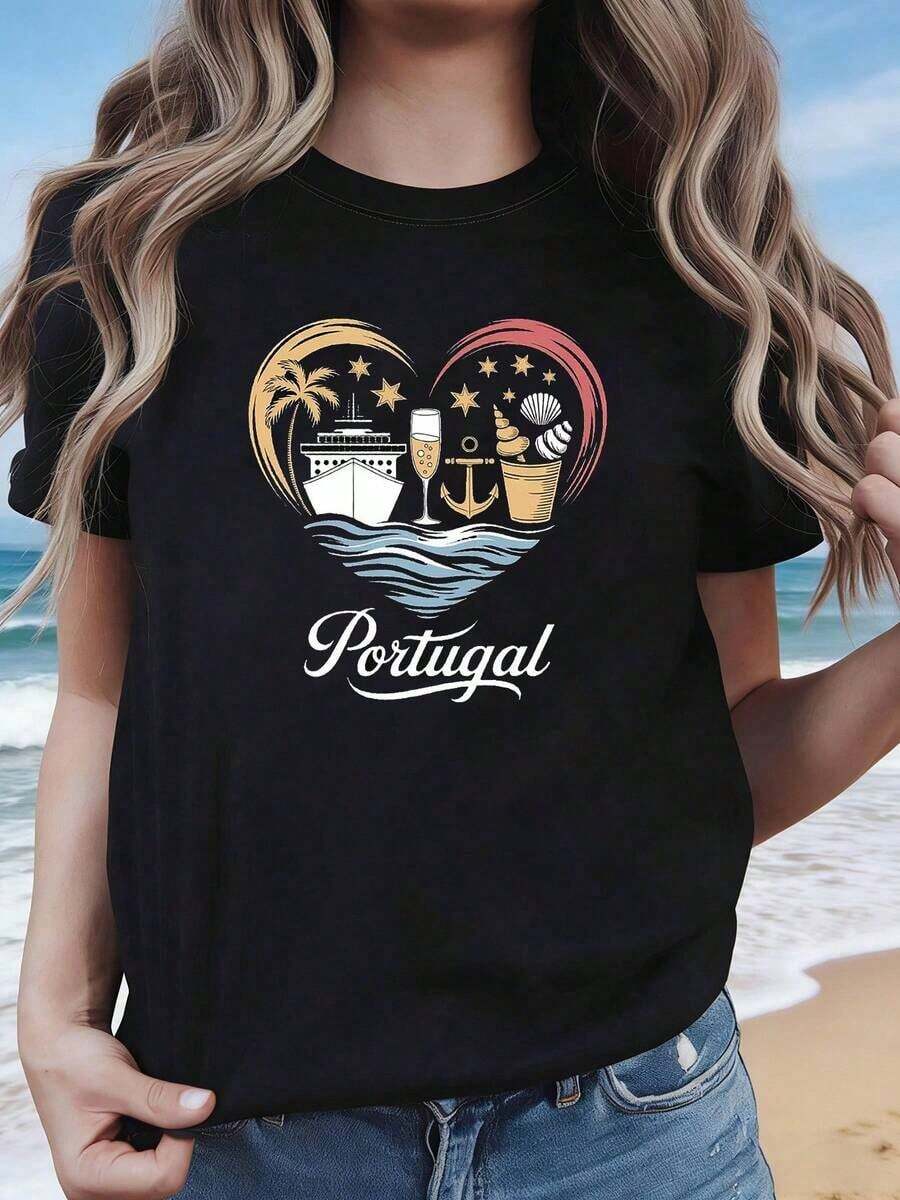 Conjunto para el Día de la Madre, Camisetas Vintage, Mangas Cortas Elegantes, Ropa Casual para Vacaciones, Crucero por Portugal, Estampado con Patrón de Corazones, Camiseta Casual de Primavera para Mujer de Tallas Grandes, Top de Diseño Retro, Adecuado para Viajes a Portugal, Vacaciones en la Playa, Conjuntos de Viaje, Ropa Casual para el Día a Día, Mangas Cortas, Tops de Mujer 100% Algodón - Negro - Ver 1