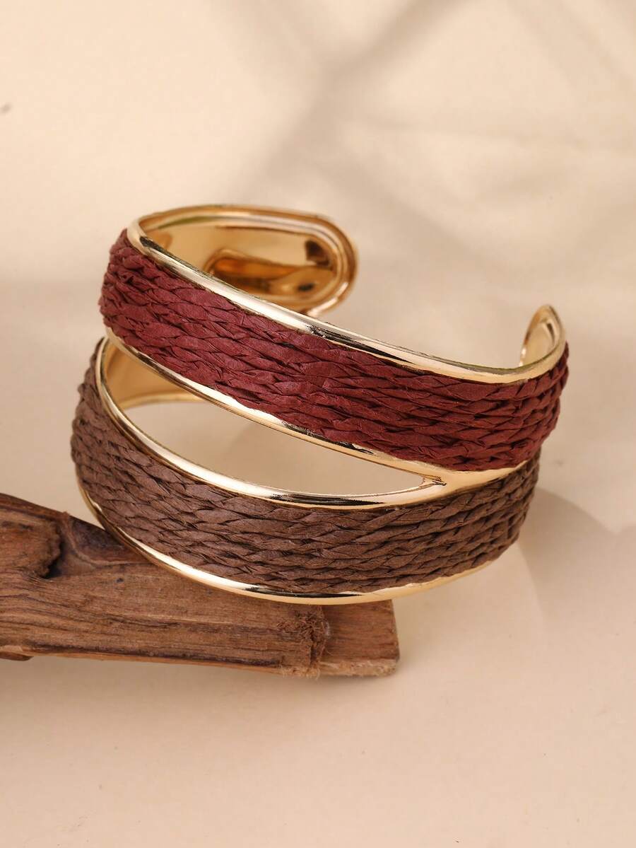 1pc Handmade Bohemian Style Dual-Tone Open Bangle Bracelet, Intricate & Textured Design, Suitable For Travel, Vacation, Party, Afternoon Tea, Music Festival And Daily Wear
