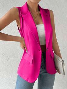Blazer sin mangas de estilo elegante de color verde oliva para mujer, chaleco casual con solapa y botón en tela tejida lisa, corte regular - Rosa Fucsia - Ver 7