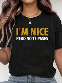 100% Algodón, "Soy amable, pero no te excedas", Frase Divertida, Camiseta de Regalo para Mujer Latina, Blusas para mujer > Ropa, Blusa Casual Mujer, Ropa Casual para Mujer - Negro - Ver 1