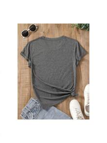YOCASA Women's Casual Summer T-Shirt, Round Neck, Fitted, Short Sleeve, With Oil Painting Print, Floral, Heart, Cherry, And Letter Patterns. Simple Casual Fabric, Sporty Style, Ideal For Everyday Wear And Valentine's Day Dates. 1 Piece, 180g Pure Heavy, 95% Polyester 5% Spandex. 100% Cotton Durable - 灰色的 - 查看 3