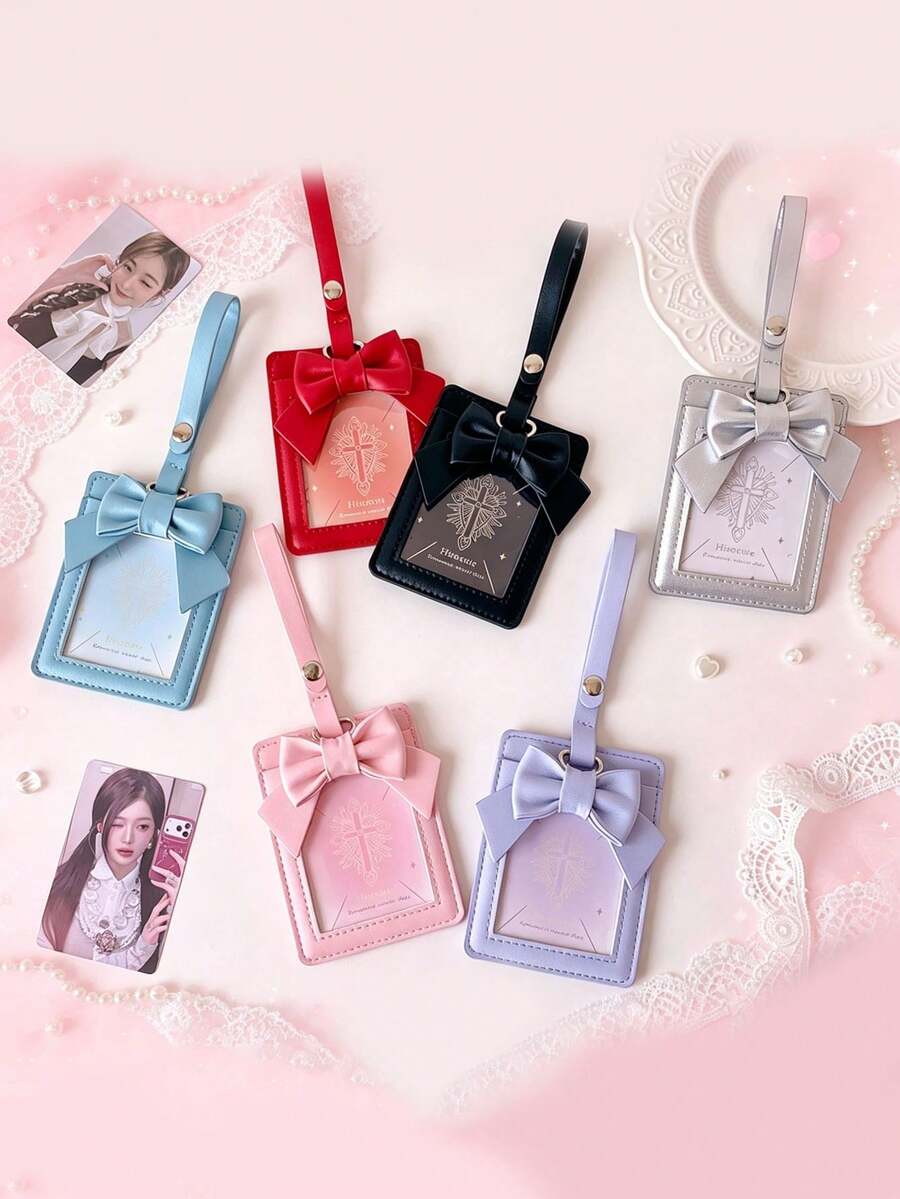 1 pieza Soporte de tarjeta con moño de PU para accesorios de abanico, estuche pequeño de almacenamiento y protección de tarjetas, bolsa colgante de exhibición de impresión instantánea de 3 pulgadas