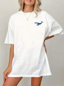 Women's Casual Short Sleeve Crew Neck T-Shirt - Whale And Coral Reef Graphic Print, Relaxed Fit With Drop Shoulders, Breathable Medium Stretch Fabric, Machine Washable, All Season Top, Ocean Themed Clothing, Fun Y2k Print T-Shirt - 白色 - 查看 2