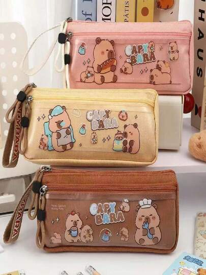 1pc Capybara Pencil Case, Large Capacity Stationery Pouch, Fashionable High-Quality Cartoon Stationery Storage Bag, Durable Material