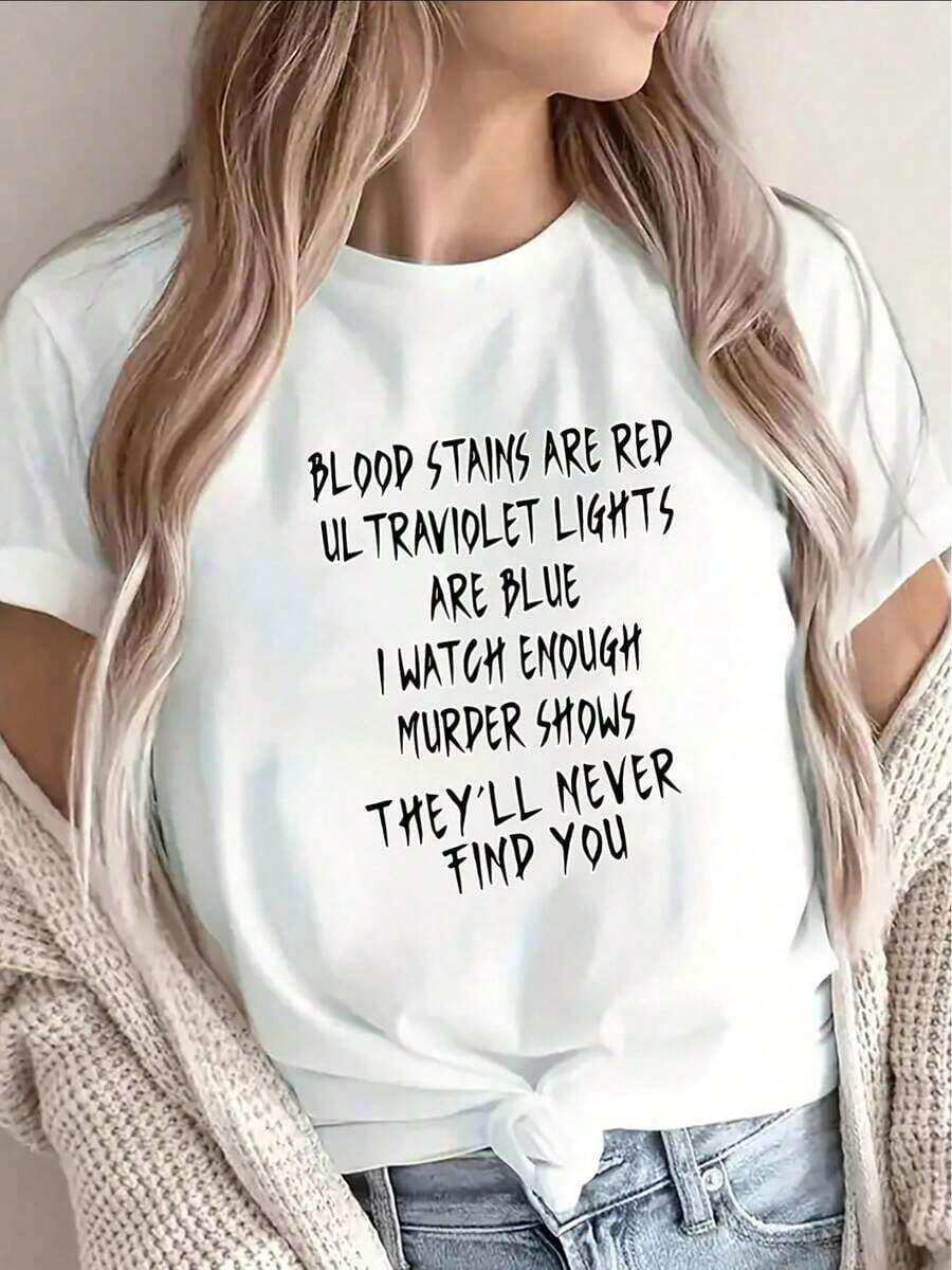 Black Polyester Short Sleeve T-Shirt With Dark Humor Quote For Casual Wear, Perfect For Home, Office, Or Restaurant Settings. Lightweight And Durable Design, Comfortable Fit For Everyday Use - Vintage Street Style Unisex Loose Cotton Short Sleeve Crew Neck T-Shirt, 100% Pure Cotton - 白色 - 查看 1
