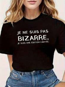 Blusas>Bonito I'M NOT WEIRD, I'M A LIMITED EDITION Camiseta de manga corta y cuello redondo para mujer con texto impreso, perfecta para salidas informales y regalos festivos, que encarna un estilo relajado y vibrante 100% Cotton Blusas Para Mujer Casual - Negro - Ver 2
