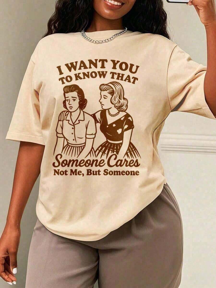 Nueva Camiseta Casual de Verano 2026 para Mujer, Estampado Retro Divertido y Sarcástico, 100% Algodón, Corte Holgado, Cuello Redondo, Manga Corta, Camiseta Casual con Gráficos de Memes Humorísticos para Uso Diario - Estilo Urbano Vintage, Camiseta Unisex de Algodón Holgada con Cuello Redondo y Manga Corta. - Albaricoque - Ver 1