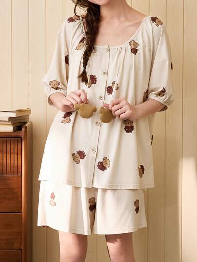 Gongdie Bộ đồ ngủ Miffy 2 món dành cho nữ, áo cổ vuông nhún bèo và quần short, họa tiết gấu dễ thương, đồ ngủ mềm mại và ấm áp.