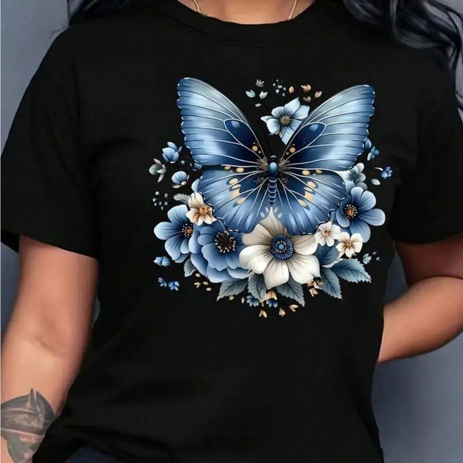 Women's Casual Butterfly And Flclothesal Print T-Shirt - Round Neck Shclothest Sleeve Top With Blue Butterflies And White Flowers, Breathable Lightwei - 黑色 - 查看 1