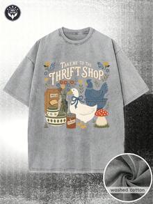 Women's T-Shirt - 230g Washed Cotton T-Shirt, Available In Various Colors. This T-Shirt Features A Vintage-Style Pattern Design, With A Striking Front Print That Says "Take Me To The Thrift Store" And A Cute Illustration Of A White Duck Underneath For A Casual Touch. - 灰色 - 查看 12