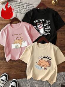 1 pieza/Set de camiseta de manga corta con cuello redondo y estampado gráfico de gato, estilo minimalista y lindo, nueva para el verano, blusa casual versátil y a la moda para mujeres. - Albaricoque - Ver 2