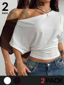Camiseta esencial de uso diario con cuello asimétrico y cintura ceñida, apta para todo el año, para conciertos y raves con estilo Y2K para mujeres - Multicolor 12 - Ver 7