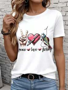 Camisetas de manga corta para mujer en blanco y negro son adecuadas para el ocio diario, el hogar y los viajes al aire libre. Camiseta con diseño gráfico de paz, amor y pesca para mujer, con diseño de corazón y pez, para entusiastas de las actividades al aire libre. Regalo para fiestas o vacaciones. - Blanco - Ver 7