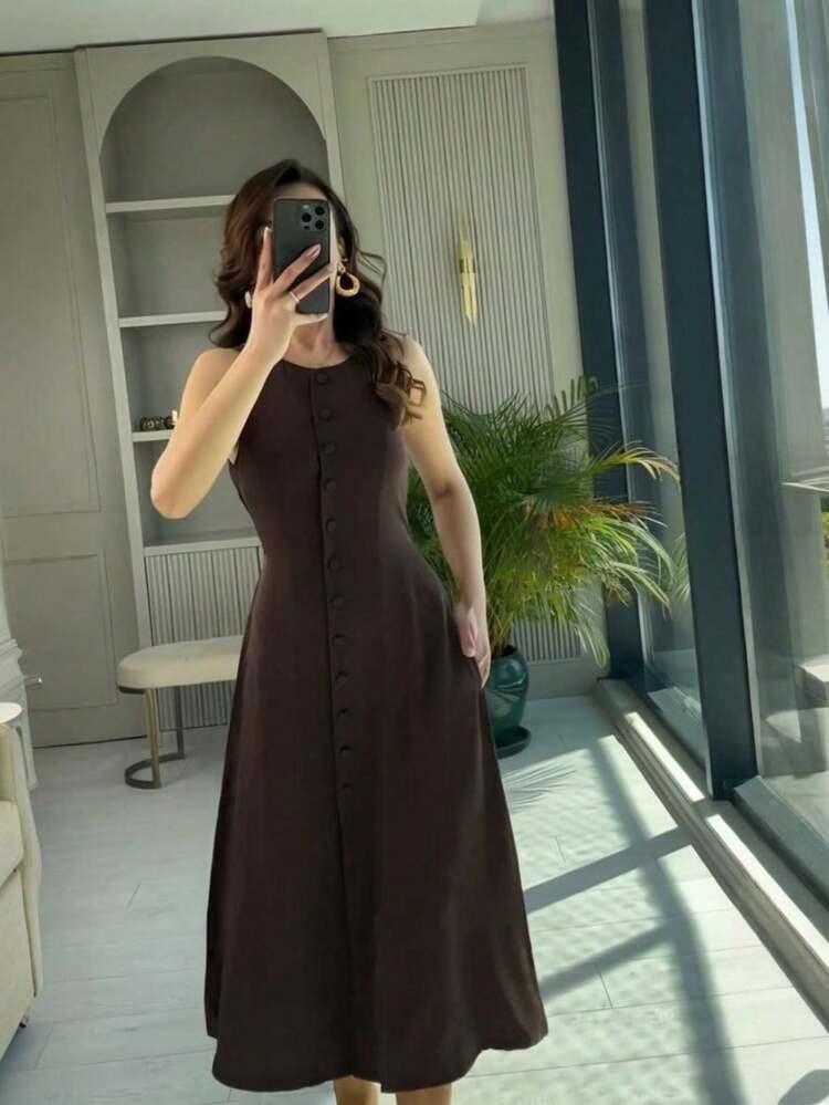 Nuevo vestido mujer verano 2026, sin mangas, con botones, cintura ajustada, elegante y de moda. - Marrón - Añade 5