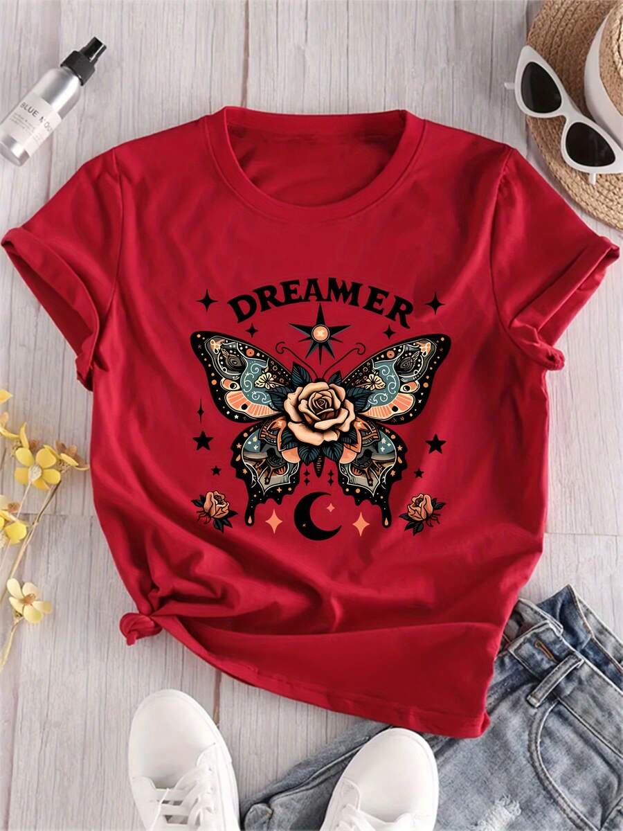 Camiseta de talla grande con estampado de mariposas y rosas, cuello redondo, manga corta, informal, para primavera y verano, ropa de talla grande para mujer. - Rojo - Ver 1