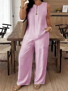 2026 Fashionable European And American Women's Clothing: Comfortable Loose Top And Wide-Leg Pants Casual Cotton-Linen Suit - Hồng - Xem 1