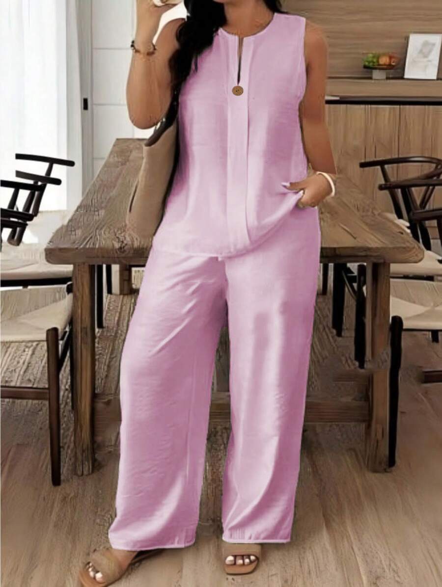 2026 Fashionable European And American Women's Clothing: Comfortable Loose Top And Wide-Leg Pants Casual Cotton-Linen Suit - Hồng - Xem 1