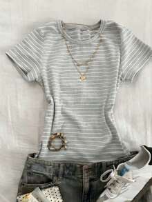 Camiseta ajustada de mujer de manga corta con cuello redondo de unicolor - Gris Claro - Ver 1