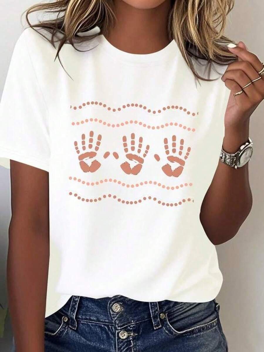 Camiseta de Mujer con Arte Aborigen Australiano - Diseño de Pintura con Huellas de Mano y Puntos Marrones - Top Casual de Algodón Puro, Suave y Transpirable - Estilo Cultural, Corte Holgado, Camiseta con Patrón Geométrico, Camiseta Estampada de Tela Cómoda - Blanco - Ver 1