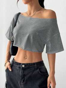 Top corto asimétrico de mujer con cuello blanco y flecos, camiseta de manga corta de moda versátil Y2K oversize y sexy, para primavera/verano - Gris - Ver 5