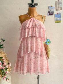 Nuevo vestido elegante y romántico para invitados de boda, de unicolor, con espalda descubierta, multicapa con volantes de gasa, minivestido, adecuado para estilo bohemio, boho, flores románticas, vacaciones, fiestas florales, citas, San Valentín, - Multicolor - Ver 7