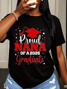 1 Piece Graduation T-Shirt "Proud Grandmother Of A 2026 Graduate" For Grandmother Celebrating Her Grandson's Achievement, Red Cap Design With Star Pattern, White T-Shirt 180g 100% Cotton - 黑色 - 查看 7