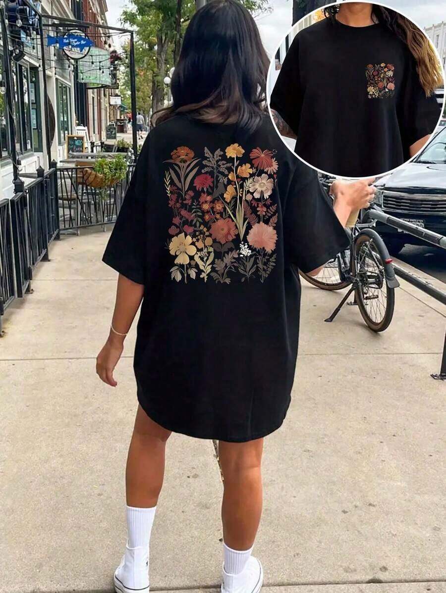 Camiseta de talla grande con estampado floral de verano - Negro 2 - Ver 1