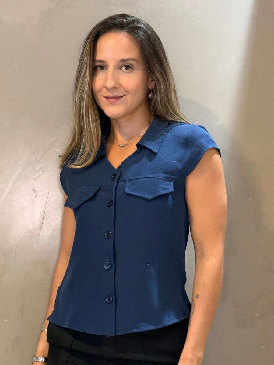Women's Dress Blouse With Front Pocket, Short Sleeves, Impeccable Quality, Front Buttons - 藍色 - 查看 1