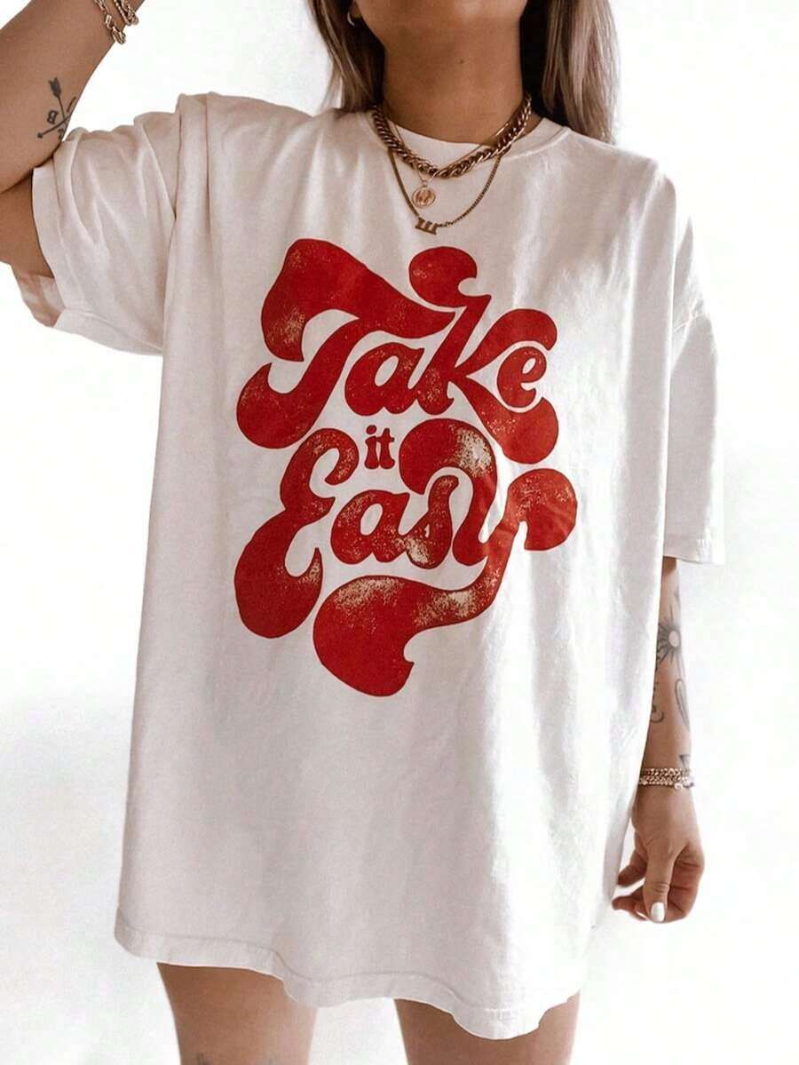 Bohemian Retro Vintage Graphic T-Shirt, Comfortable Take It Easy | Retro Design T-Shirt | Grunge Hippie Boho Graphic Print T-Shirt, Plus Size, Breathable And Comfortable - 白色 - 查看 1