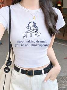 1 Piece Women's Short Sleeve Crew Neck Fitted Summer T-Shirt With Japanese Car Culture Graphic Print, Y2K Style Crop Top, Suitable For Beach, Street, Daily Wear, Work, Office Party, Outings And Parties - 白色的 - 查看 5