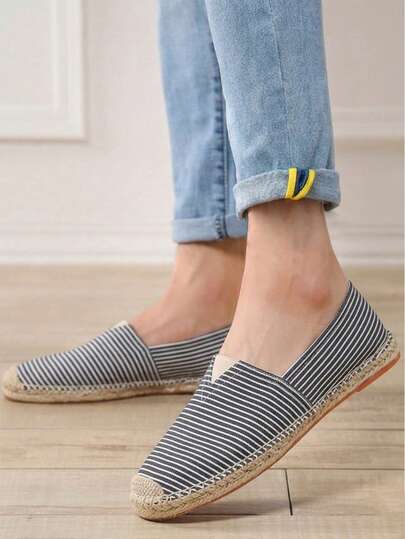 1 Pair Striped Basic Casual Canvas Shoes With Woven Fabric Panels, Suitable For Outdoor, Home, Vacation, Party In Summer And Spring