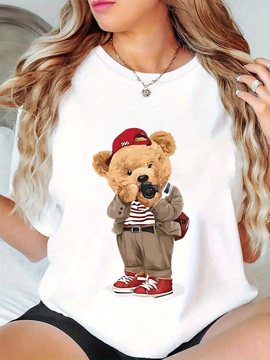 Camiseta deportiva de manga corta con estampado de animales, de peso pesado, ideal para regalar-oso a la moda para entusiastas de la fotografía-estilo casual, activo y deportivo para mujer-transpirable, absorbente de sudor, ligera, cómoda, suave y estampada. Idea de regalo. - Blanco - Ver 1