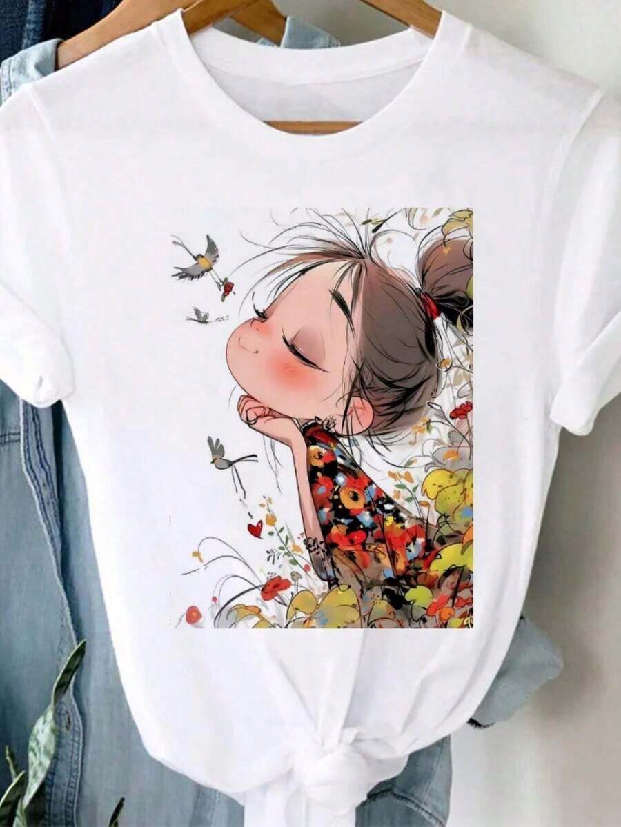 Top Informal Para Chica, Ropa Para Mujer, Camiseta De Poliéster Con Patrón De Dibujos Animados, Camiseta Dulce Estampada De Manga Corta Con Cuello Redondo A La Moda. -Vintage Street Style Unisex Loose Cotton Short Sleeve Crew Neck T-Shirtblusas para mujer, playeras de mujer,blusas casuales para dama, - Blanco 3 - Ver 1