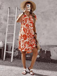 Vestido corto de mujer de un solo pecho con cuello muescado de estampado completo, estilo de vacaciones de verano - Rojo - Ver 6