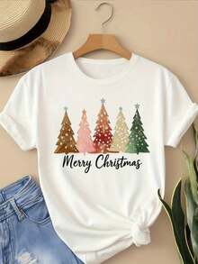 Camiseta de árbol de Navidad blanco de las mujeres con diseño de vacaciones a rayas verticales multicolores (dorado/verde/rosa/melocotón/marrón) - cuello de la tulación de manga corta relado uste casual top - feliz impresión navideña todo el año para Navidad vestido de fiesta - Blanco - Ver 2