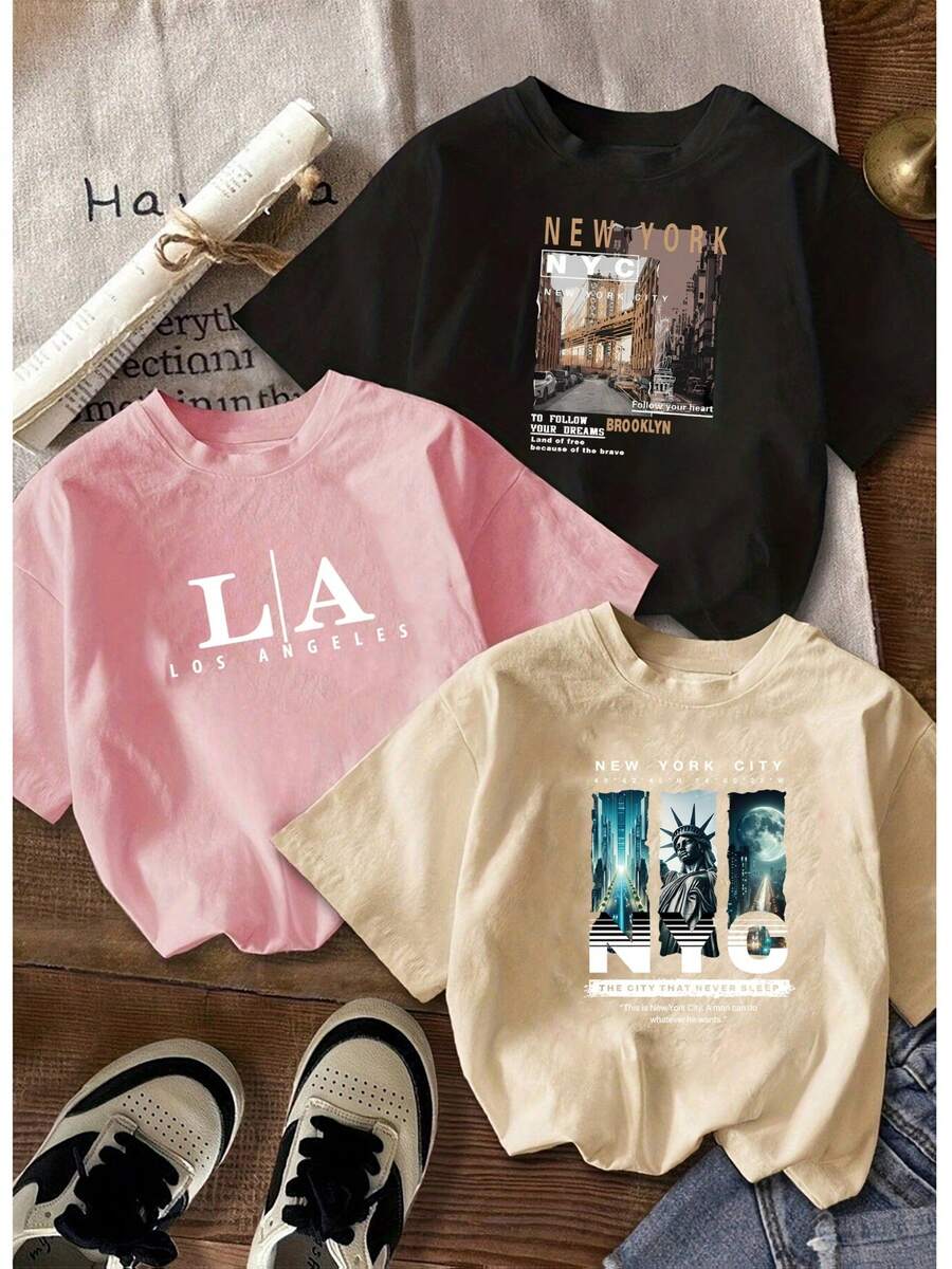 Un conjunto de 1 camiseta casual para mujer, con diseños de Nueva York y Los Ángeles. - Negro - Ver 1