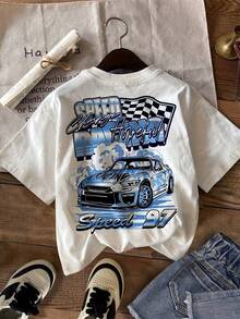 Conjunto de una pieza de camiseta corta de manga corta para mujer, de estilo sencillo y corte ajustado, con estampados de carreras de coches y motocicletas, un imprescindible para el verano. - Colores mezclados - Ver 3