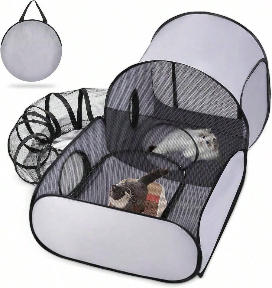 Un parque de juegos para mascotas con un túnel circular, un parque de juegos para gatos para interiores/exteriores con lados suaves y transpirables, una tienda para animales pequeños y una tienda portátil con una bolsa de almacenamiento. - Gris - Ver 1