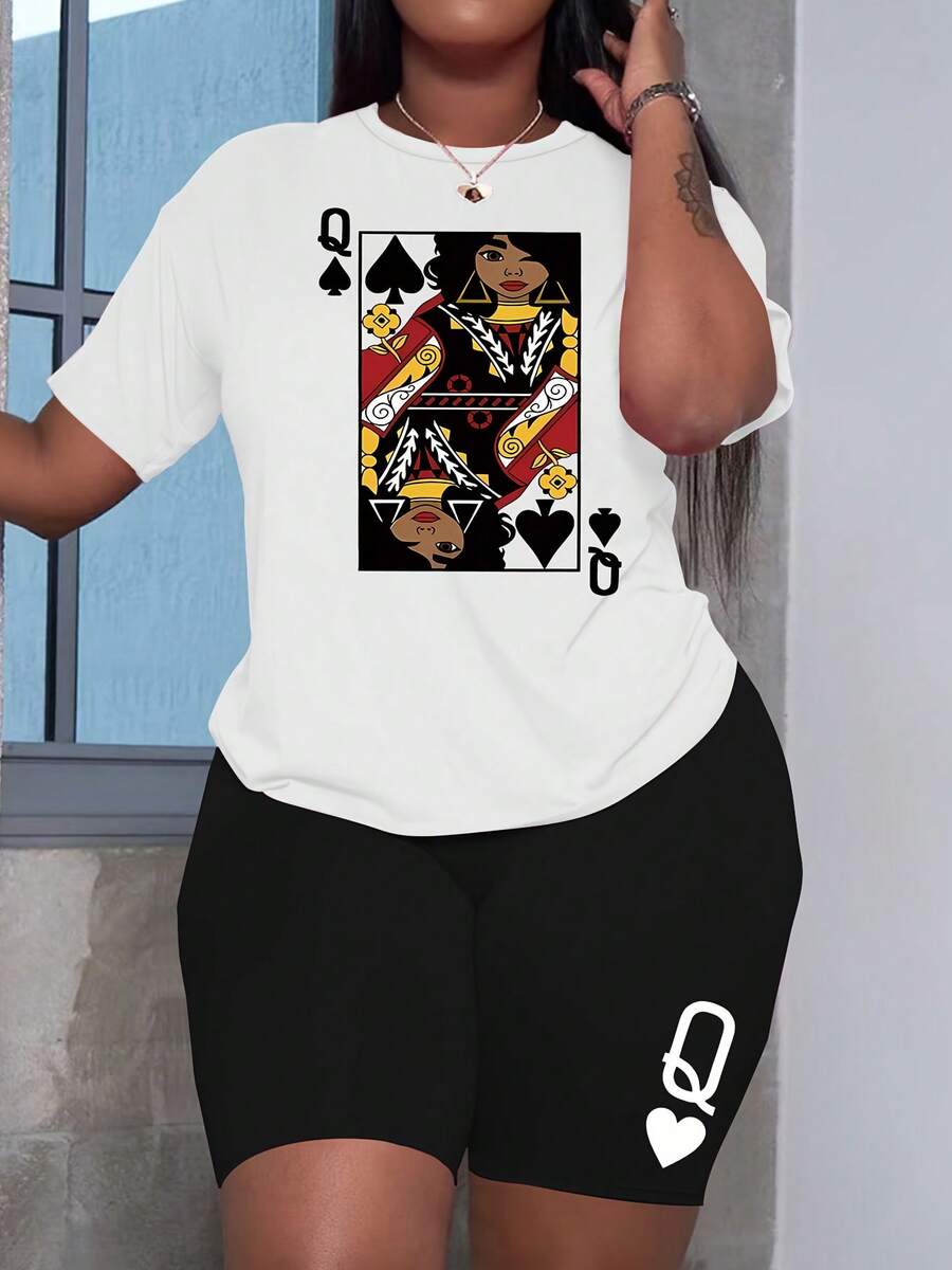 Women's Short Sleeve Cotton T-Shirt - Casual Set Of Printed Black Crop Top + Shorts With Letter And Queen Playing Card Print. - 白色 - 查看 1
