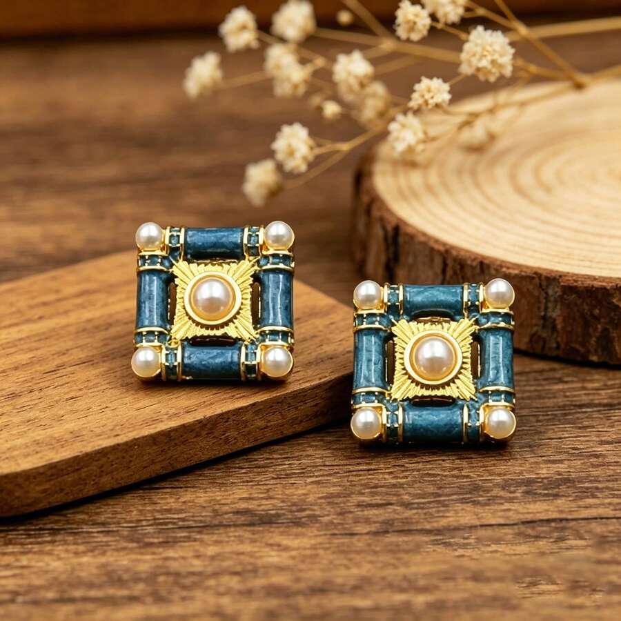 一对复古宫廷风高档珐琅彩绘珍珠耳环,优雅复古耳环 - 彩色 - 查看 1