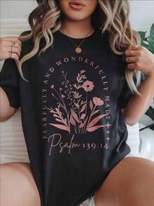Camiseta Casual Estampada de Moda para Mujer, Hecha de Forma Maravillosa y Precisa, Salmo 139:14, Adecuada para Todas las Temporadas  
 -Blanco - Negro - Ver 7