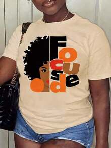 1 pieza de camiseta para mujer, camiseta "Focused Girl" afroamericana, (1 pieza) 100% algodón, camiseta casual estampada, cuello redondo, manga corta, camiseta de algodón, para regalo, verano, unisex, 180g 100% algodón, todos los patrones están impresos. Unisexo. - Negro - Ver 9