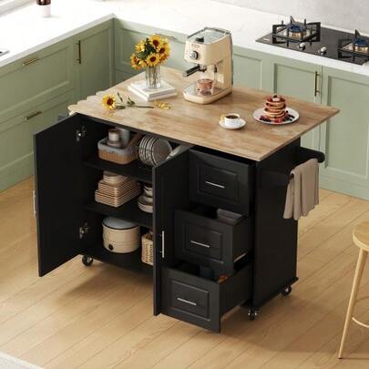 L137*B43(76)*H92cm Large Mobile Kitchen, Arbeitsplatte Aus Eichenholz, Klappbares Design, Multifunctional Schrank, 3 Schubladen, Handtuchhalter, Geeignet Für Küche, Esszimmer, Haus
