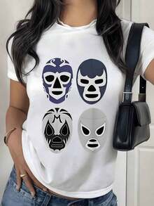 Iconic Mexican Wrestling Masks Representing Strength, Spirit, And Cultural Tradition In Contrasting Colors. Women's 100% Cotton Outdoor T-Shirt, Comfortable For Outdoor Activities. - 白色的 - 查看 8