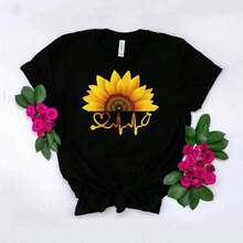 Women's 100% Cotton Blouse, European And American Style, New, With Pink Sunflower Print, Round Neck, Short Sleeves And Loose Fit. - 黑色4 - 查看 6